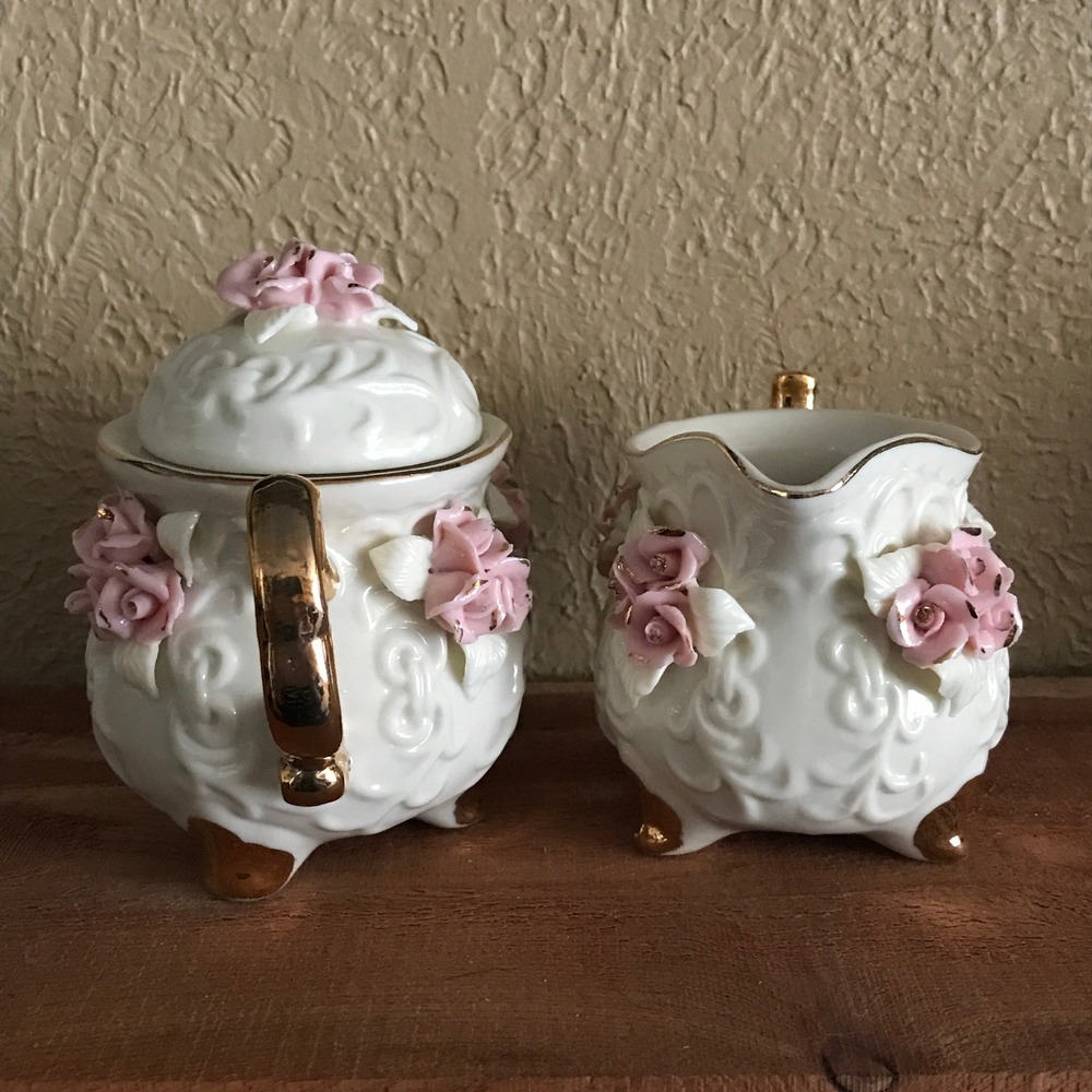 Vintage Cracker Barrel Rose Creamer & Sugar Set Porcelain Giftware - Picture 2 of 11